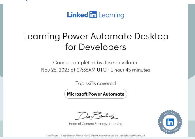 Learning Power Automate Desktop for Developers certificate